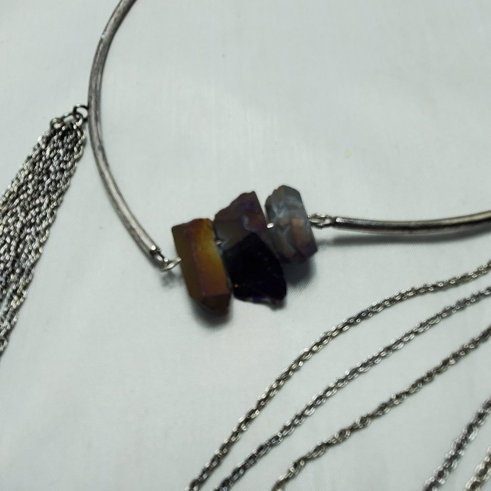 Gimmicks Silver-Tone Aura Quartz Crystal & 10-Row Multi-Strand Layered Collar Ne - Picture 7 of 9